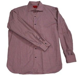 ISAIA Napoli Dress Shirt Mens 16.5 42 Red White Blue Check Plaid Italy Button Up